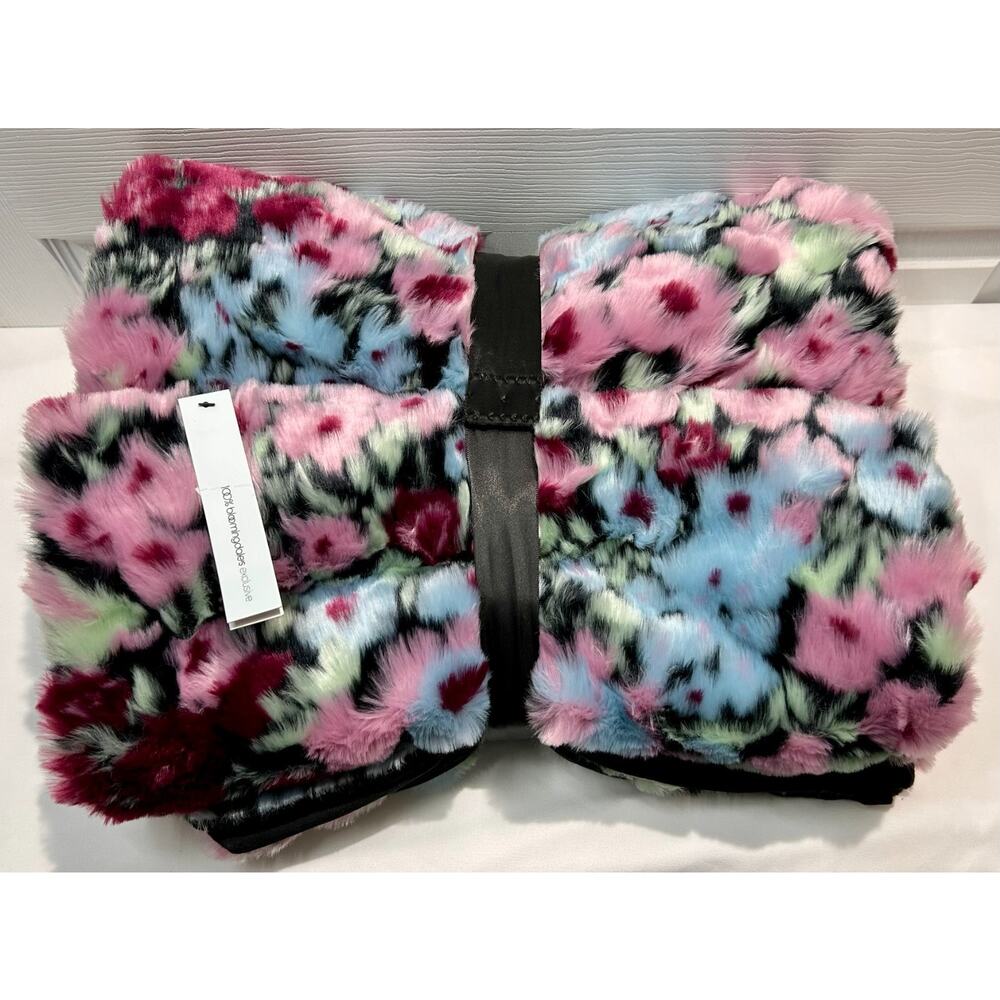 Aqua Bloomingdale’s Faux Fur Throw Blanket Floral 50x70 Plush Luxury New